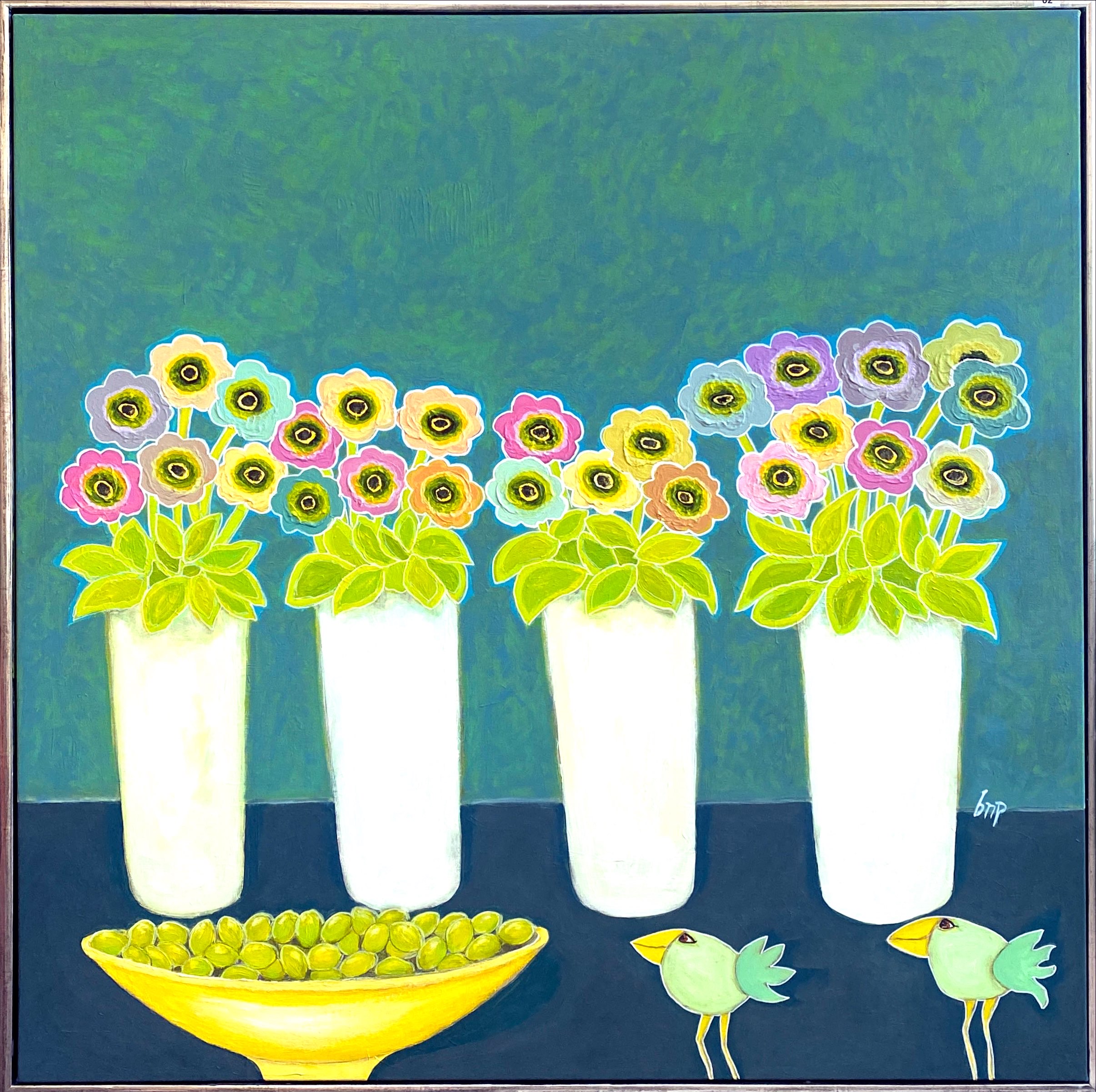 02  4 krukker med blomster og 2 fugle